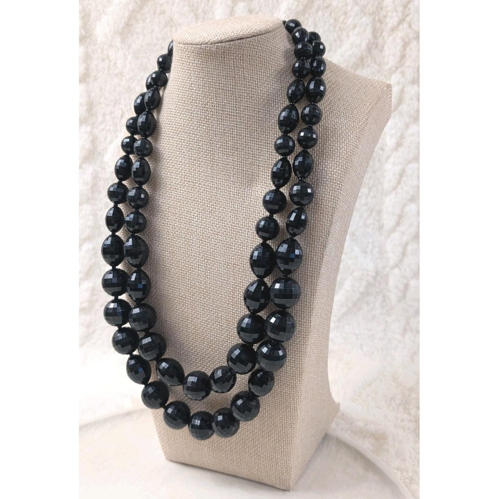 Vintage Double Strand Black Faceted Bead Necklace Statement Chunky Graduated